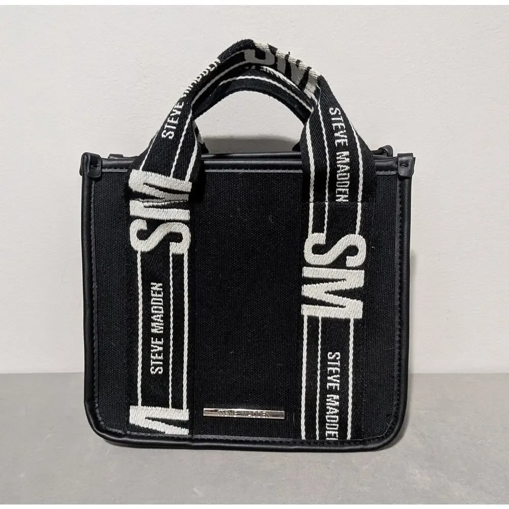 Steve Madden Bwebber Black Canvas Crossbody Satchel Bag Logo Strap Coin Pouch